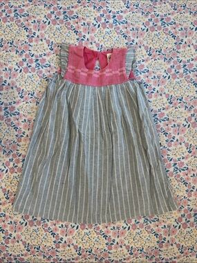 Girls Grey Stripe Cotton Dress with Pink Yoke